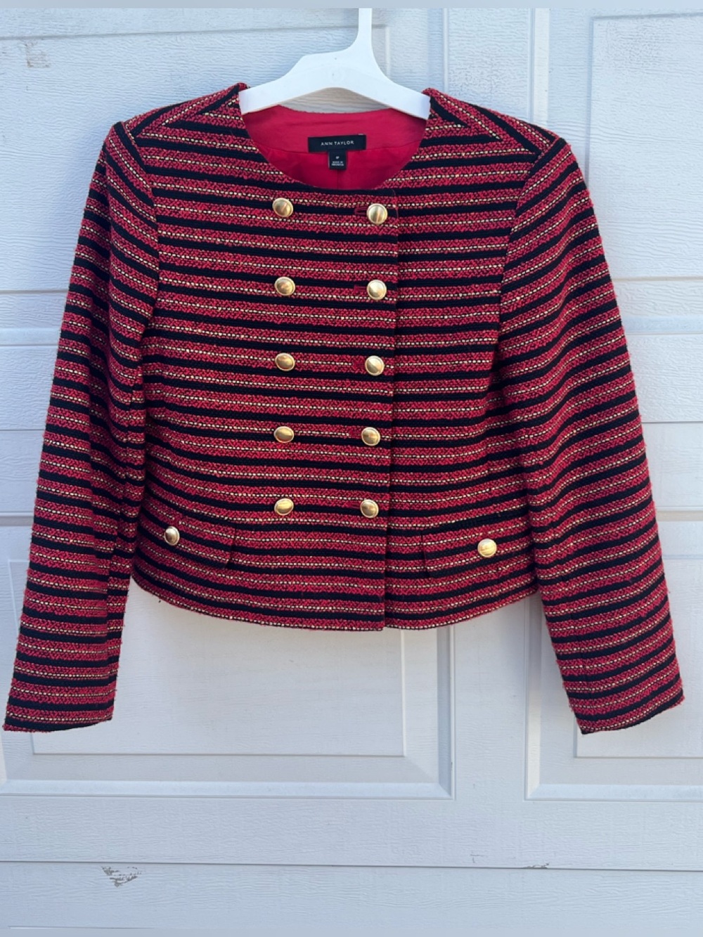Women's Ann tailor tweet blazer double breast crew neck red stripes 8P - Picture 3 of 6